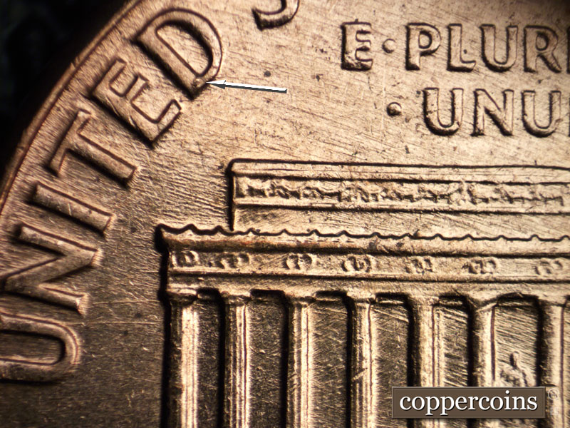 Die-stage B marker on 1960D•1DO•003 showing A small die break is seen on D in UNITED, NW die scratches cover reverse.