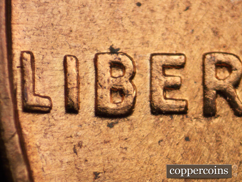 1960 Lincoln cent obverse, CopperCoins die 1960D•1DO•004 — Doubling on LIBERTY.