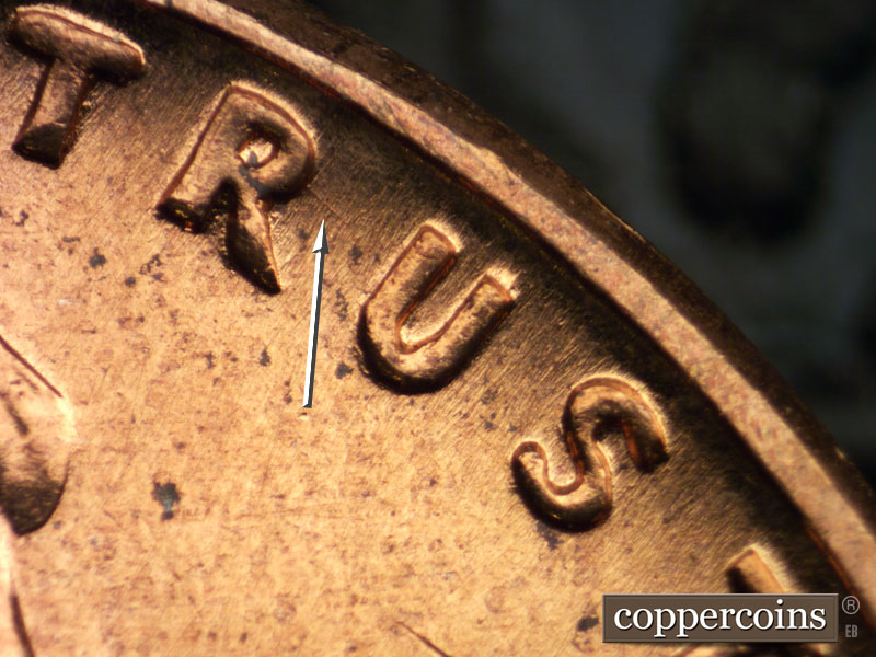 Die-stage B marker on 1960D•1DO•004 showing Die scratch fro R in TRUST, DOubling in TRUST.