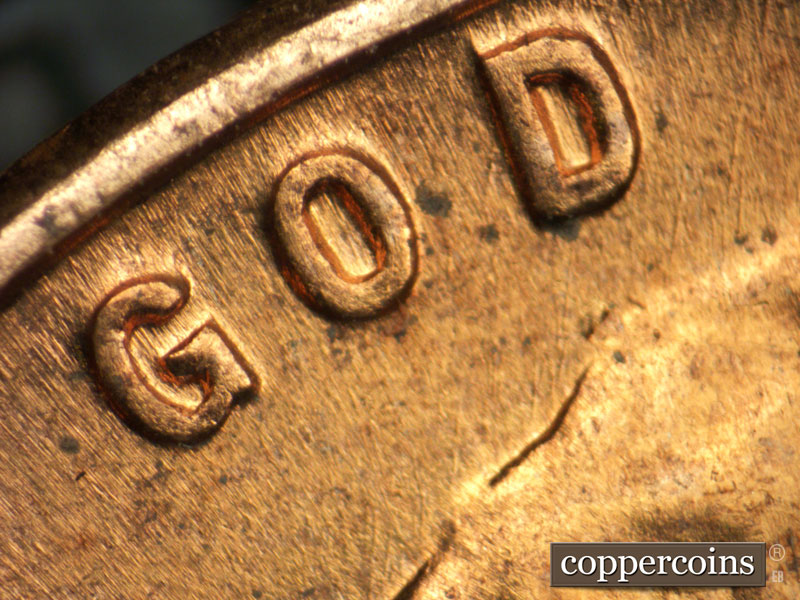 1960 Lincoln cent obverse, CopperCoins die 1960D•1DO•005 — Light doubling on GOD.