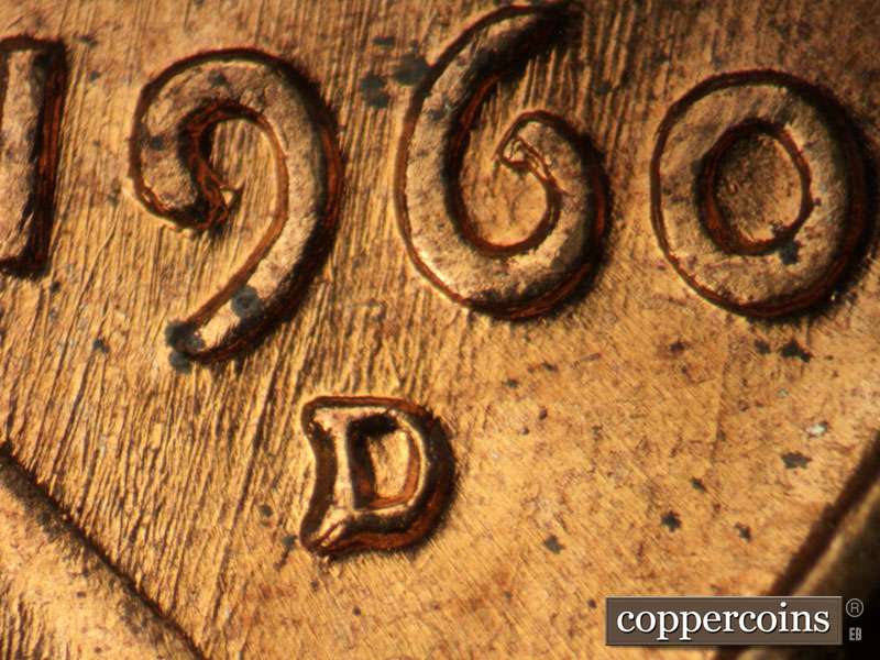 Die-stage B marker on 1960D•1DO•005 showing SSW die scratches through date. Closeup of repunched mintmark.