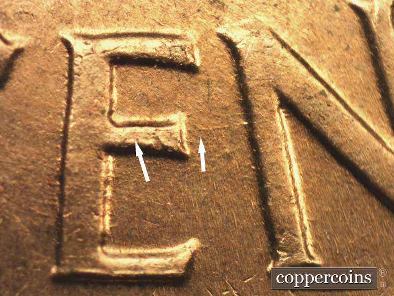 Die-stage B marker on 1960D•1DO•006 showing Die crack on middle leg of E in CENT to N.