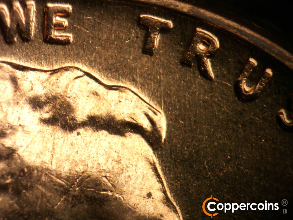 Die-stage B marker on 1960D•1DO•008 showing N/S die scratches between tip of hair and first T in TRUST.
