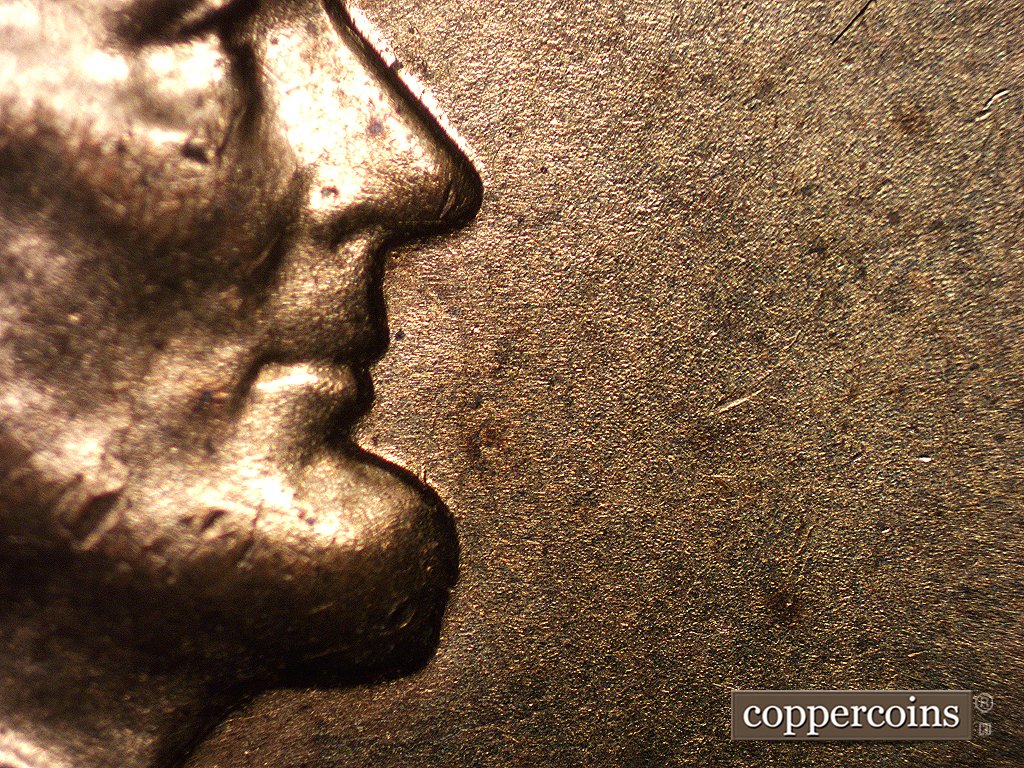 Die-stage A marker on 1960D•1MM•001 showing Only a small spike die gouge shows at the top of the beard pointing north in front of the lower lip.