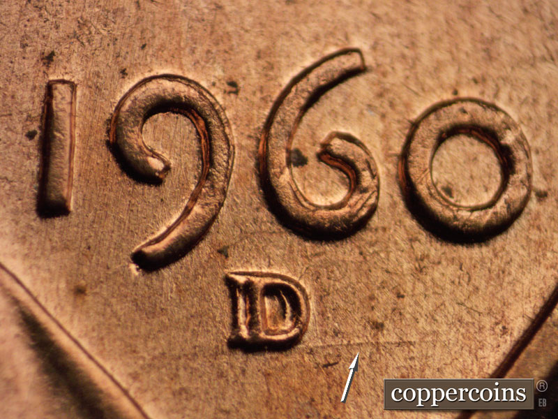 1960 Lincoln cent obverse, CopperCoins die 1960D•1MM•001 — Closeup of repunched mintmark, Die scratch heads east from lower mintmark.