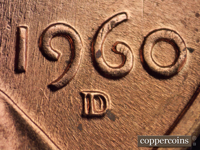 Die-stage C marker on 1960D•1MM•001 showing Closeup of repunched mintmark. N/S die scratches through 19 in date.