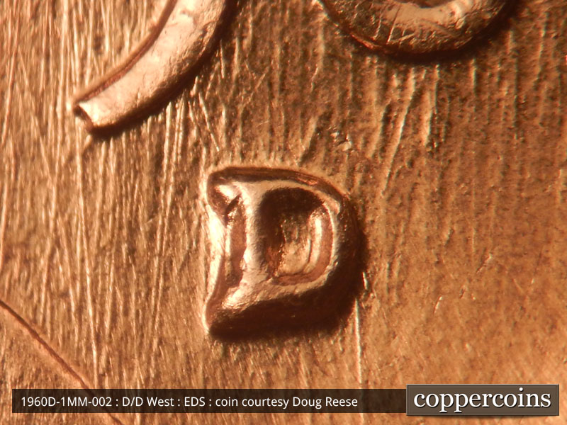 Die-stage A marker on 1960D•1MM•002 showing Closeup of repunched mintmark, Die scratches through date adn mintmark.