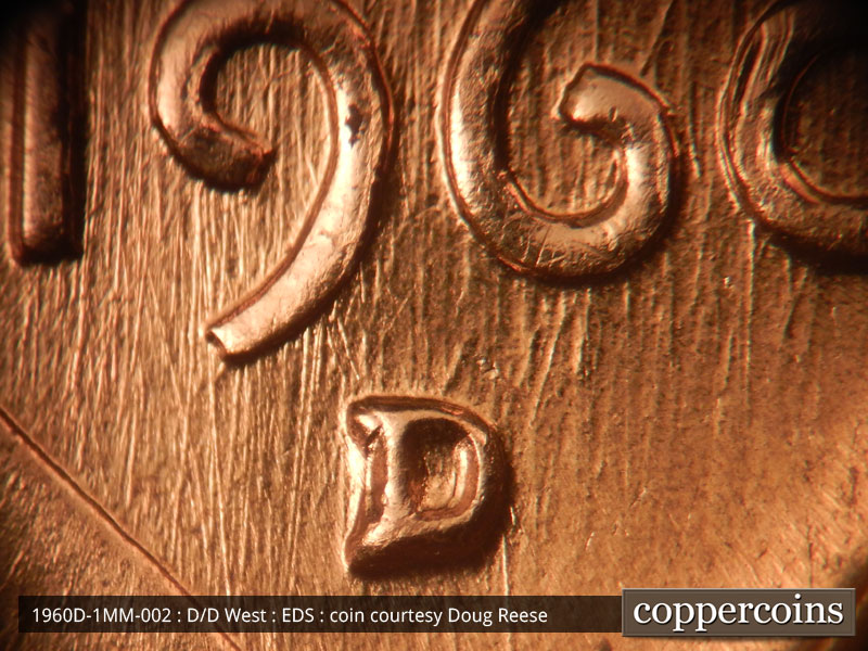Die-stage A marker on 1960D•1MM•002 showing Die scratches through date adn mintmark.
