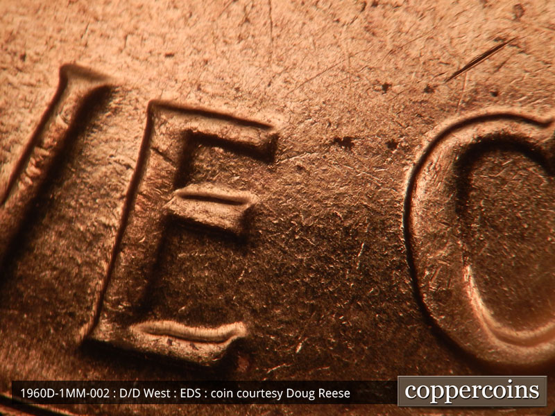 Die-stage A marker on 1960D•1MM•002 showing Die dots west of E in ONE.