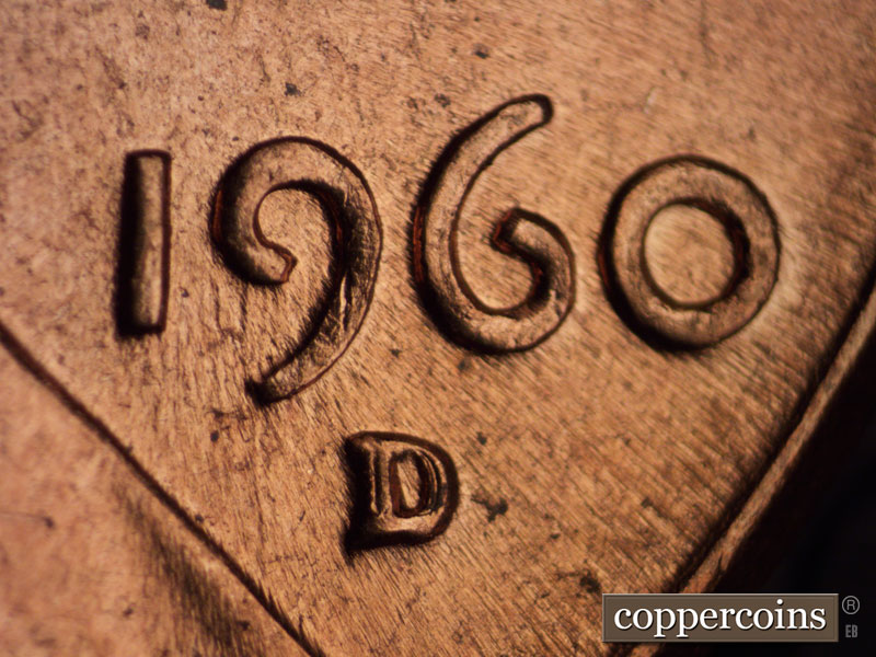1960 Lincoln cent obverse, CopperCoins die 1960D•1MM•002 — Date and mint mark are shown for relative distance to one another.