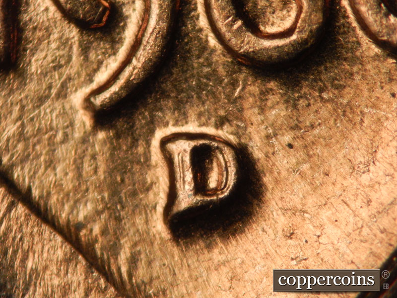 Die-stage D marker on 1960D•1MM•002 showing Closeup of repunched mintmark.
