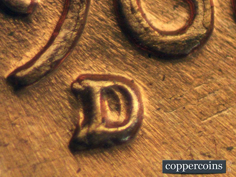 Die-stage B marker on 1960D•1MM•003 showing Closeup of repunched mintmark.