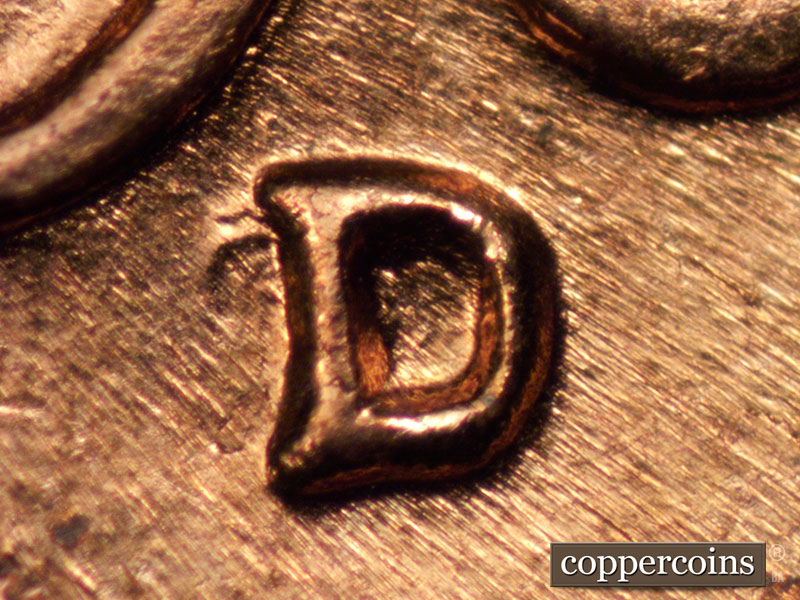 1960 Lincoln cent obverse, CopperCoins die 1960D•1MM•004 — Closeup of repunched mintmark.
