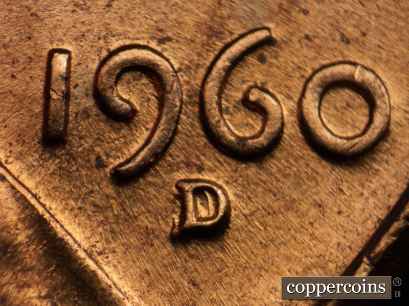 Die-stage A marker on 1960D•1MM•005 showing Closeup of repunched mintmark.