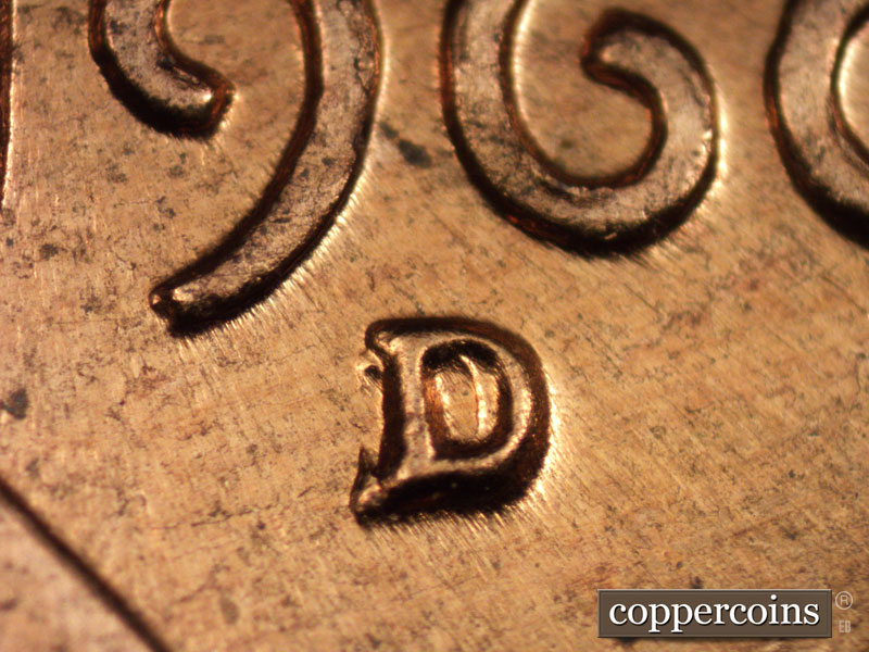 Die-stage C marker on 1960D•1MM•005 showing Closeup of repunched mintmark.
