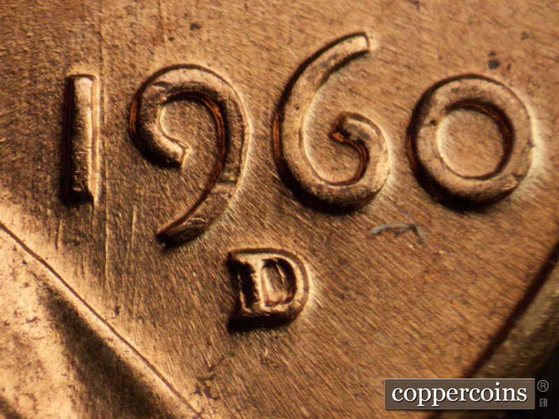 1960 Lincoln cent obverse, CopperCoins die 1960D•1MM•006 — Closeup of repunched mintmark, N/S die scratches through ! in date.