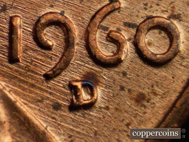 Die-stage D marker on 1960D•1MM•006 showing Closeup of repunched mintmark.