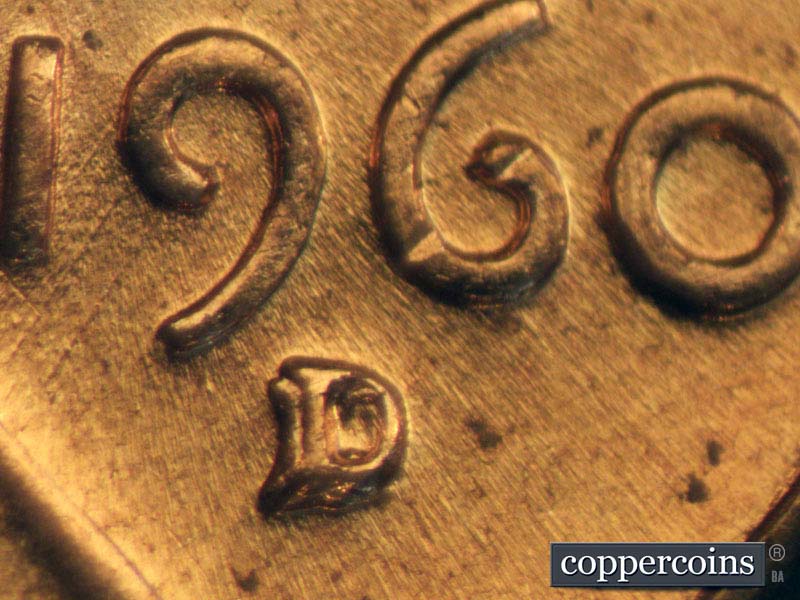 1960 Lincoln cent obverse, CopperCoins die 1960D•1MM•007 — Closeup of repunched mintmark.