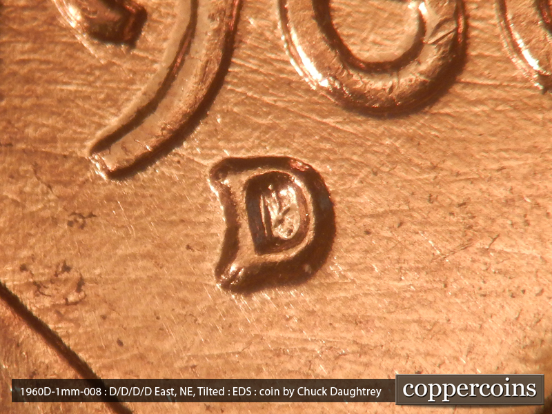 Die-stage A marker on 1960D•1MM•008 showing Closeup of repunched mintmark.