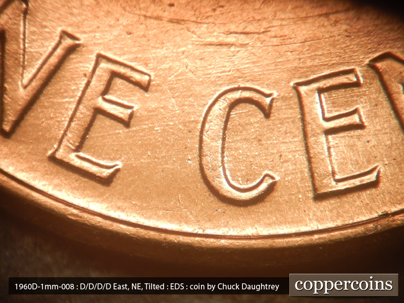 Die-stage A marker on 1960D•1MM•008 showing ENE die scratches through ONE CENT.