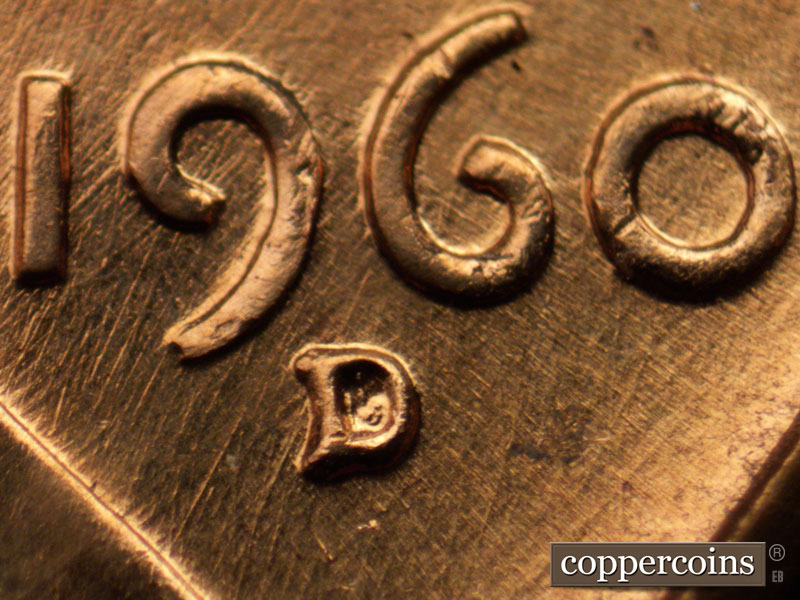 1960 Lincoln cent obverse, CopperCoins die 1960D•1MM•008 — Closeup of repunched mintmark, Multidirectional die scratches through date.
