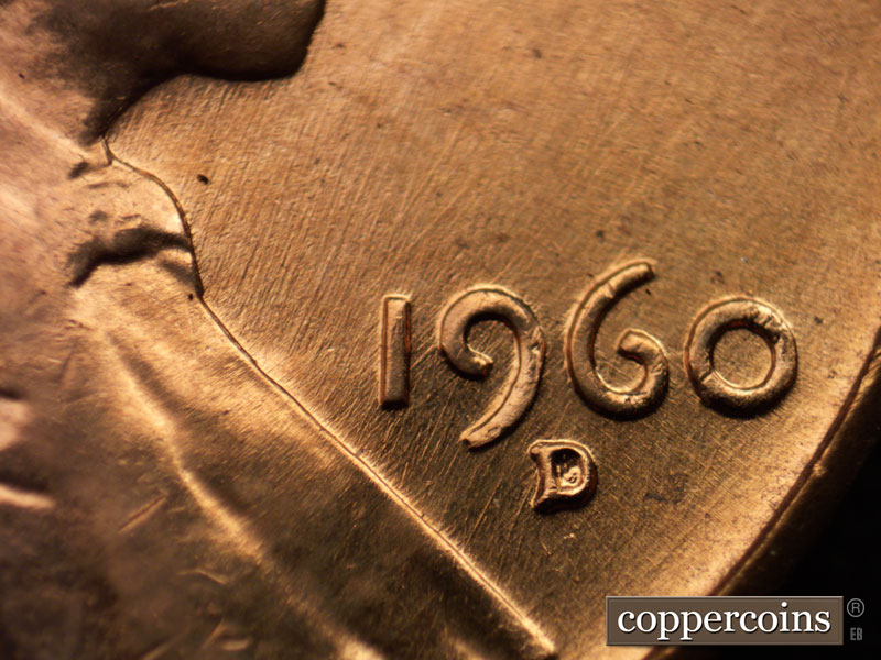 Die-stage B marker on 1960D•1MM•008 showing Multidirectional die scratches in date are, Die clash at 1 in date.
