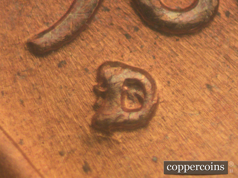 1960 Lincoln cent obverse, CopperCoins die 1960D•1MM•009 — Closeup of repunched mintmark.
