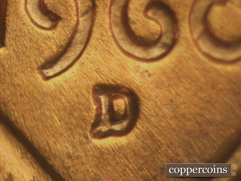 Die-stage A marker on 1960D•1MM•011 showing Closeup of repunched mintmark.