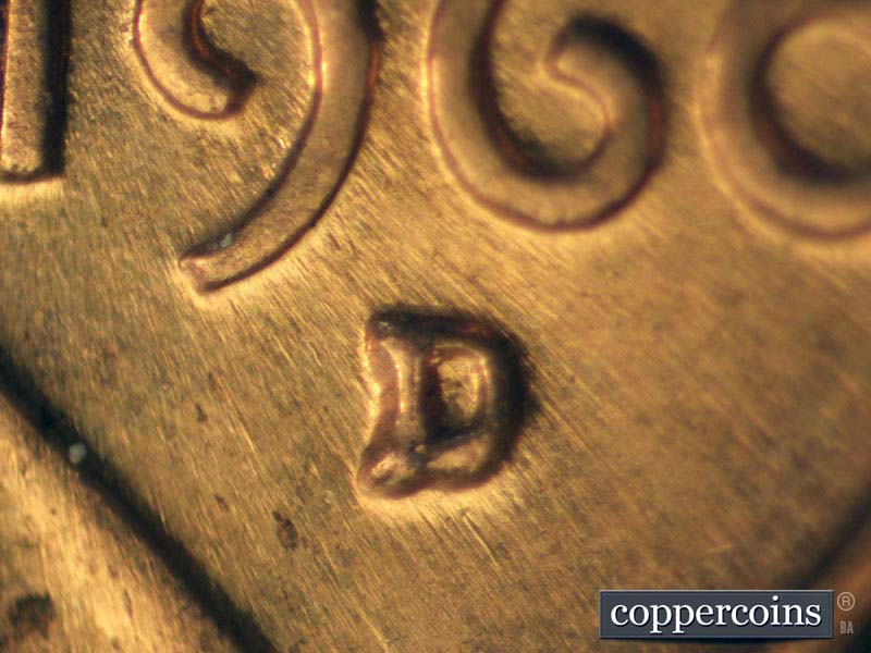 1960 Lincoln cent obverse, CopperCoins die 1960D•1MM•011 — Closeup of repunched mintmark.