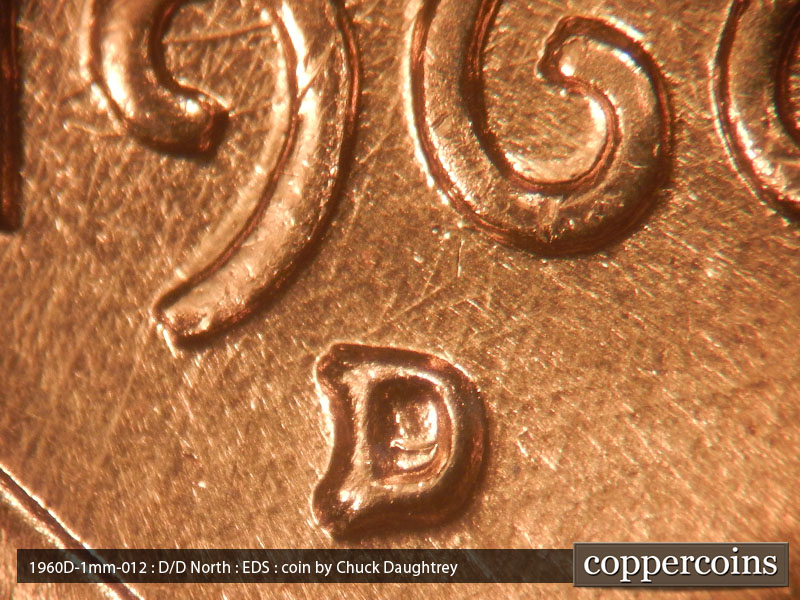 Die-stage A marker on 1960D•1MM•012 showing Closeup of repunched mintmark.