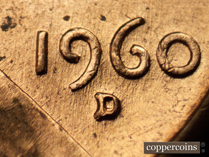 1960 Lincoln cent obverse, CopperCoins die 1960D•1MM•012 — Closeup of repunched mintmark.