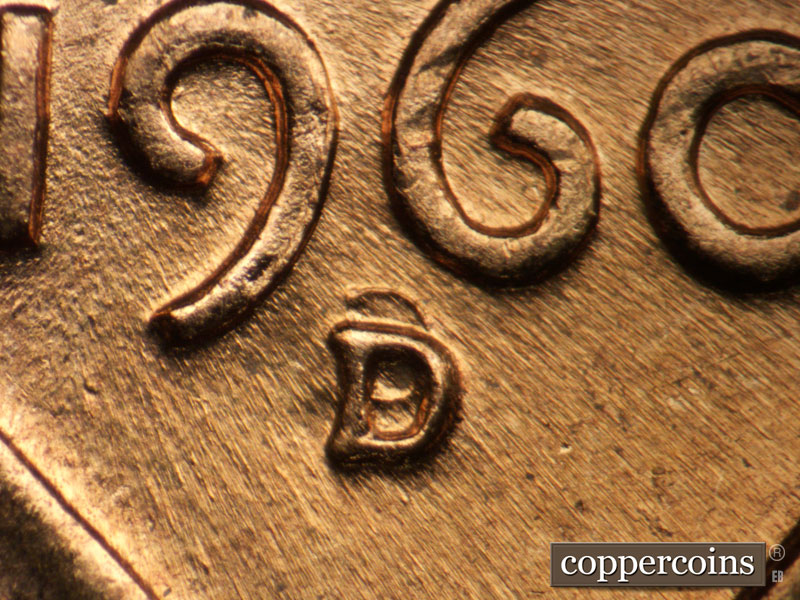 1960 Lincoln cent obverse, CopperCoins die 1960D•1MM•013 — Closeup of repunched mintmark.