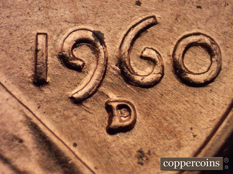 1960 Lincoln cent obverse, CopperCoins die 1960D•1MM•014 — Closeup of repunched mintmark, SE die scratch from 96 in date.