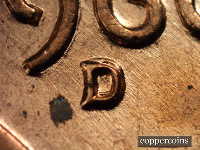 Die-stage A marker on 1960D•1MM•015 showing Closeup of repunched mintmark.