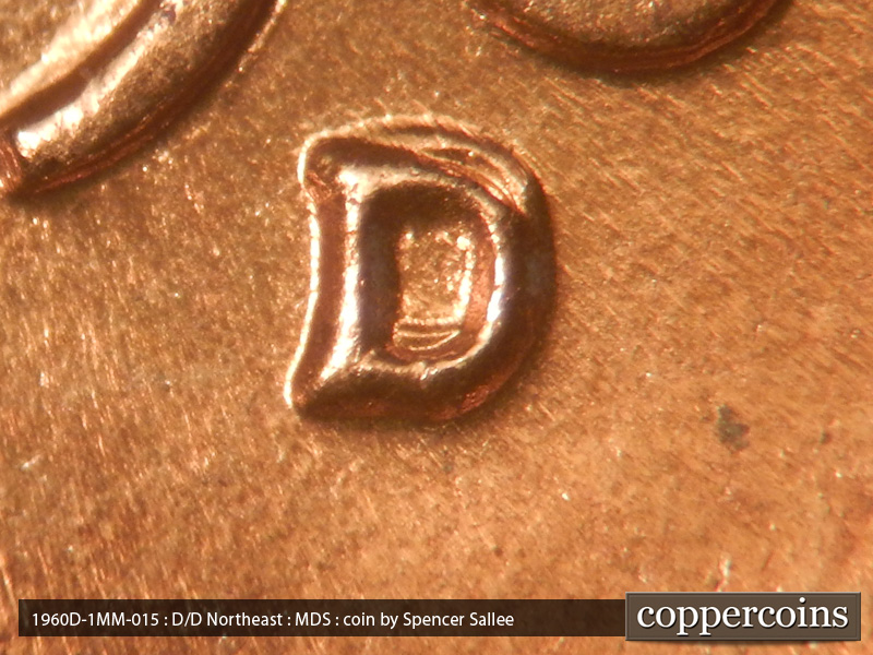 1960 Lincoln cent obverse, CopperCoins die 1960D•1MM•015 — Closeup of repunched mintmark.