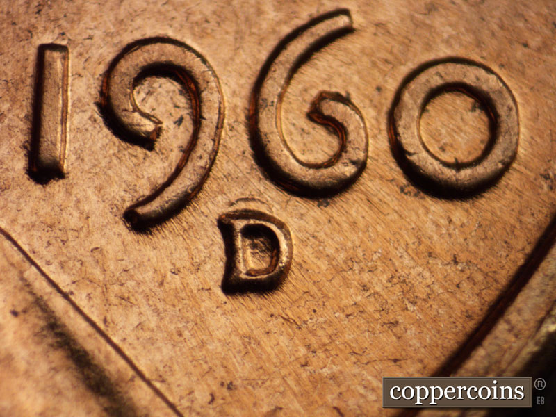 Die-stage A marker on 1960D•1MM•016 showing Closeup of repunched mintmark.