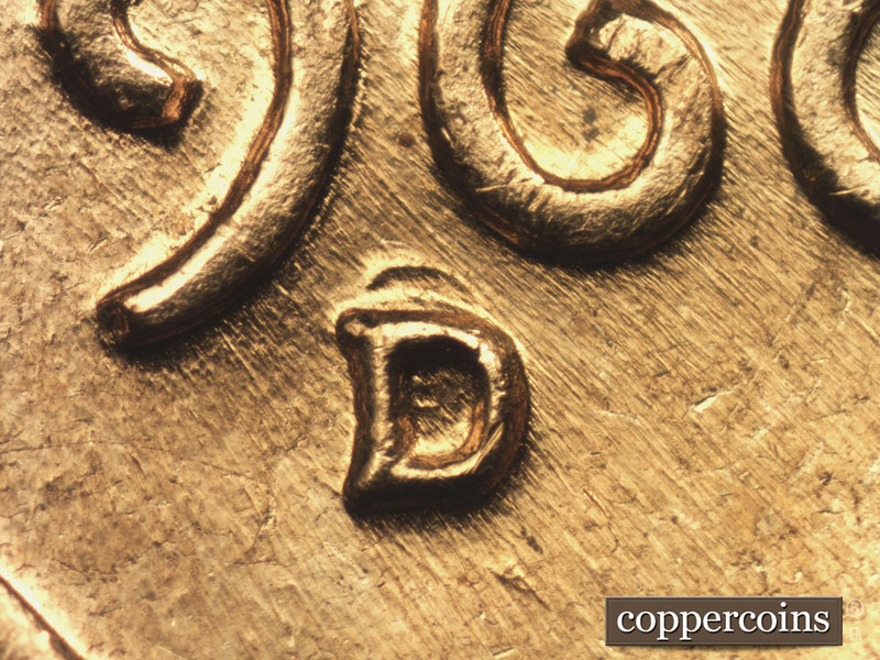 1960 Lincoln cent obverse, CopperCoins die 1960D•1MM•016 — Closeup of repunched mintmark, Light SE die scratches through date.