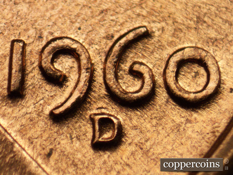 Die-stage C marker on 1960D•1MM•016 showing Closeup of repunched mintmark, NE die scratch connects 19 in date.