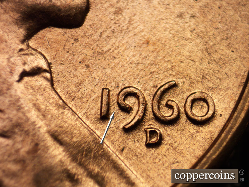 Die-stage C marker on 1960D•1MM•016 showing NE die scratch between 19 in date.