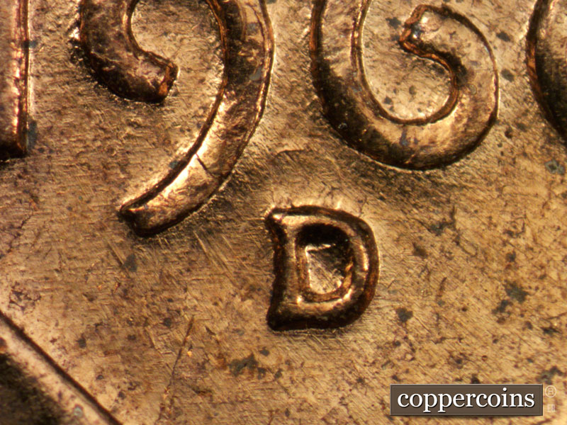 Die-stage A marker on 1960D•1MM•017 showing Closeup of repunched mintmark.