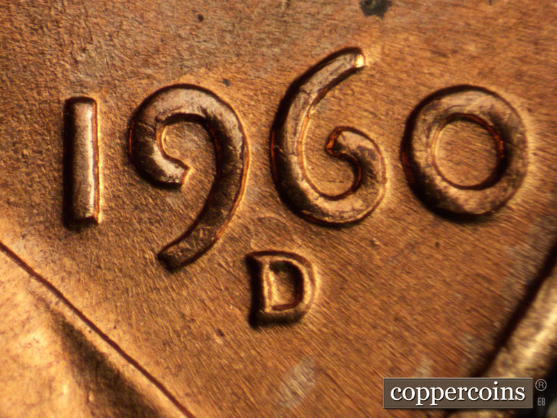 1960 Lincoln cent obverse, CopperCoins die 1960D•1MM•017 — Closeup of repunched mintmark.