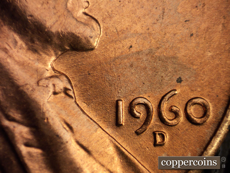 Die-stage B marker on 1960D•1MM•017 showing Medium fading die scratch from mintmark to lower 9 in date.