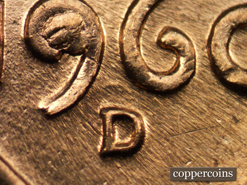 Die-stage C marker on 1960D•1MM•017 showing Closeup of repunched mintmark, Die break in upper loop of 9 in date.