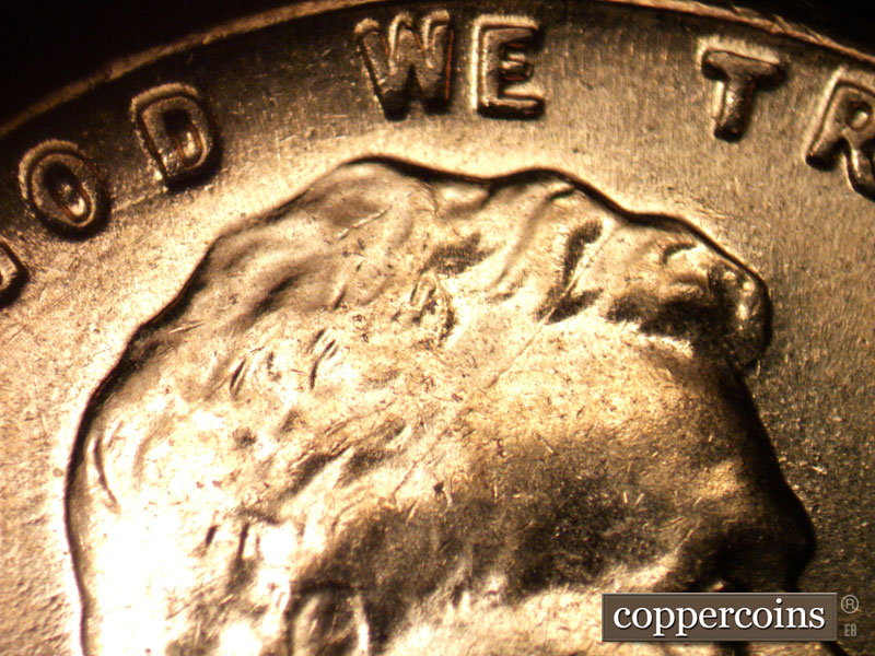 Die-stage C marker on 1960D•1MM•017 showing NE die crack from ear through forehead into hair.