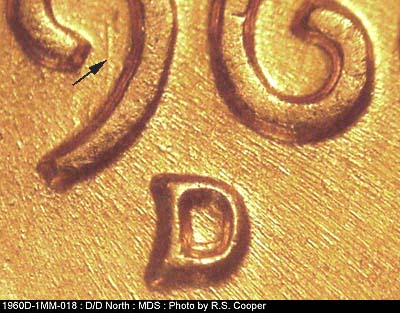 1960 Lincoln cent obverse, CopperCoins die 1960D•1MM•018 — Closeup of repunched mintmark, Fading die scratch inside 9 of date.