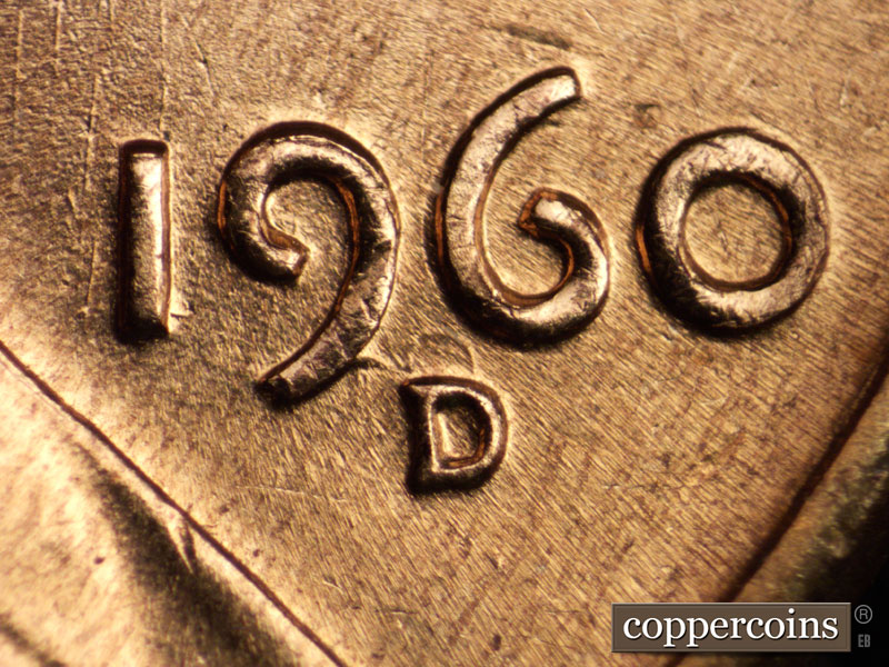 Die-stage A marker on 1960D•1MM•019 showing Closeup of repunched mintmark, N-S Die scratches through the 19 of the date.