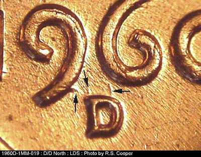 Die-stage C marker on 1960D•1MM•019 showing Closeup of repunched mintmark.