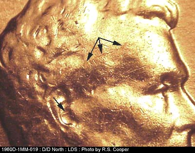 Die-stage C marker on 1960D•1MM•019 showing Die crack on forehead.