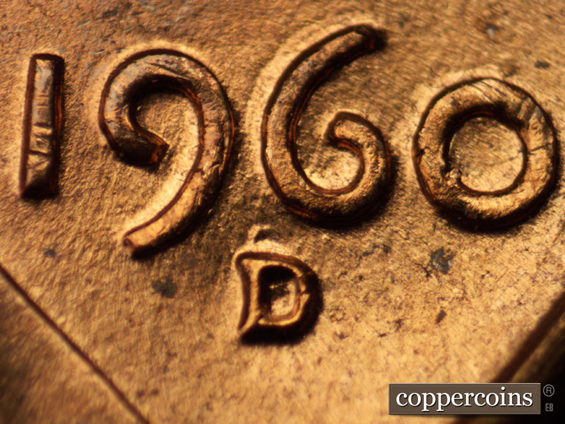 1960 Lincoln cent obverse, CopperCoins die 1960D•1MM•020 — Closeup of repunched mintmark, NNE die scratches through date.