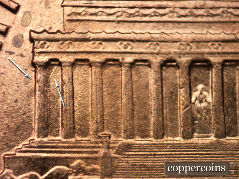 Die-stage C marker on 1960D•1MM•020 showing NW die gouge in upper left of bay 1. die break on column 1.